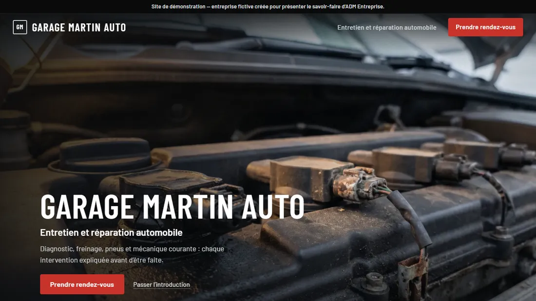Première page du site de démonstration Garage Martin Auto : un compartiment moteur éclairé à l’atelier.